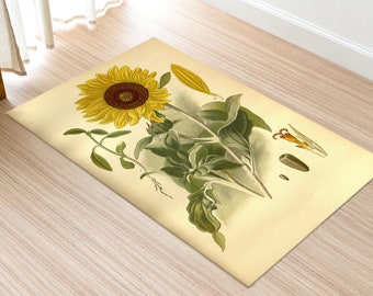 Vintage Sunflower Rugs, Vintage Botanical Rug, Sunflower Rugs, Floral Rugs, Pattern Rug, Personalized Rug, Gift For Him, Yellow Rug,