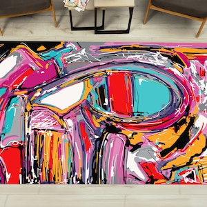 Abstract Graffiti Painting Rug, Modern Rugs, Colorful Graffiti Rugs, Graffiti Rugs, Salon Decor Rug, Round Rug, Accent Rug, Pink Rug,