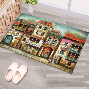 Oude stad landschapskleed, abstract tapijt, vintage landschapskleed, liggend tapijt, cadeau voor haar, klassiek tapijt, dik tapijt, chenilletapijt, traptapijten,