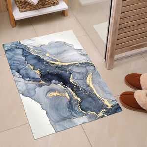Blauer Marmor Teppich, Moderner Marmor, Blauer und Cremefarbener Marmor Teppich, Alkohol Tinte Teppiche, Esszimmer Teppich, 3D Gedruckter Teppich, Bild 9