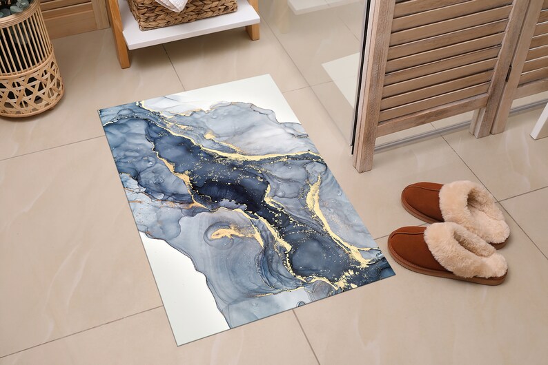 Blauer Marmor Teppich, Moderner Marmor, Blauer und Cremefarbener Marmor Teppich, Alkohol Tinte Teppiche, Esszimmer Teppich, 3D Gedruckter Teppich, Bild 9