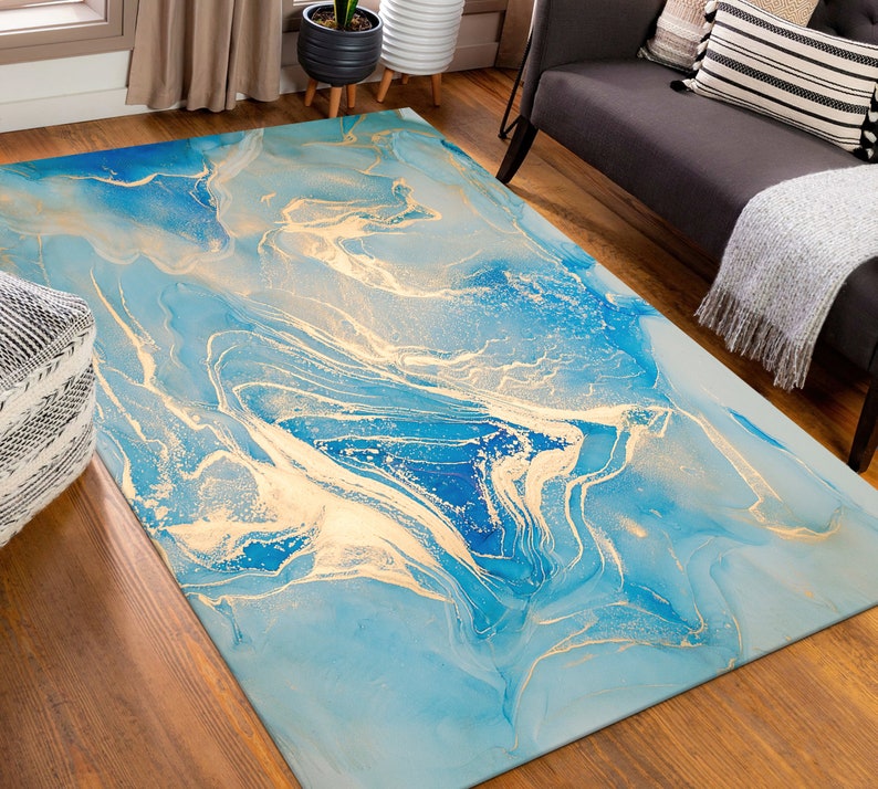 Blue and Gold Marble Rugs, Luxury Marble Rugs, Gold Rugs, Alcohol Ink