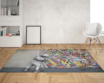 Banksy Behind the Curtain Rugs, Banksy Graffiti Rugs, Banksy Boy Rug, Painting Rugs, Small Rug, Bath Rug, Car Mat, Bathroom Rug, Gift Rug,