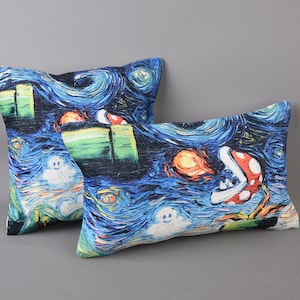 May include: Two decorative throw pillows with a blue, green, white, orange, and red print. The print is a stylized version of a famous painting with a video game character.