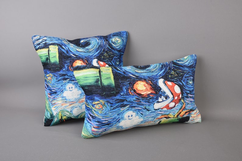 May include: Two decorative throw pillows with a blue, green, white, orange, and red print. The print is a stylized version of a famous painting with a video game character.