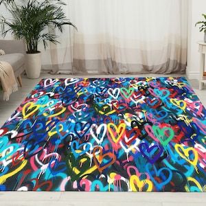 Banksy Love Hearts Rug, Colorful Rug, Multicolor Rug, Painting Rug, Gift For Him, Thin Rug, Saloon Rug, Dining Room Rug, Small Rug, Cool Rug