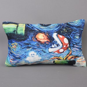 May include: A blue and green pillow with a painting of a Piranha Plant from the Super Mario Bros. video game series. The painting is in the style of Vincent van Gogh's Starry Night.