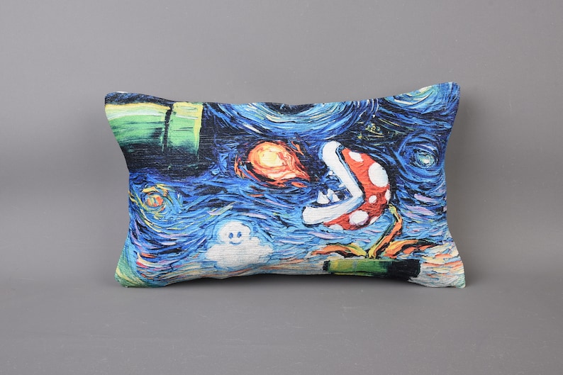 May include: A blue and green pillow with a painting of a Piranha Plant from the Super Mario Bros. video game series. The painting is in the style of Vincent van Gogh's Starry Night.