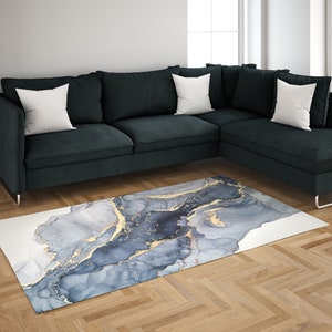Blauer Marmor Teppich, Moderner Marmor, Blauer und Cremefarbener Marmor Teppich, Alkohol Tinte Teppiche, Esszimmer Teppich, 3D Gedruckter Teppich, Bild 7