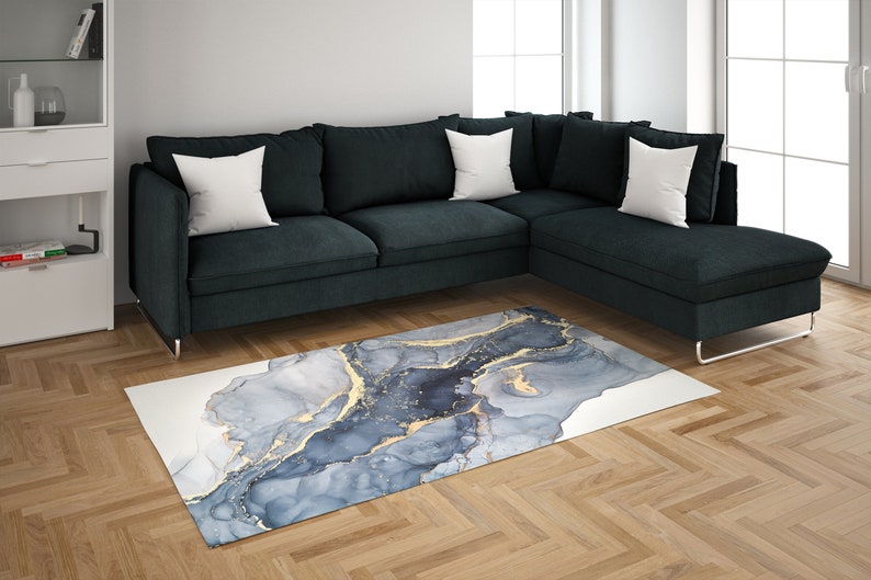 Blauer Marmor Teppich, Moderner Marmor, Blauer und Cremefarbener Marmor Teppich, Alkohol Tinte Teppiche, Esszimmer Teppich, 3D Gedruckter Teppich, Bild 7