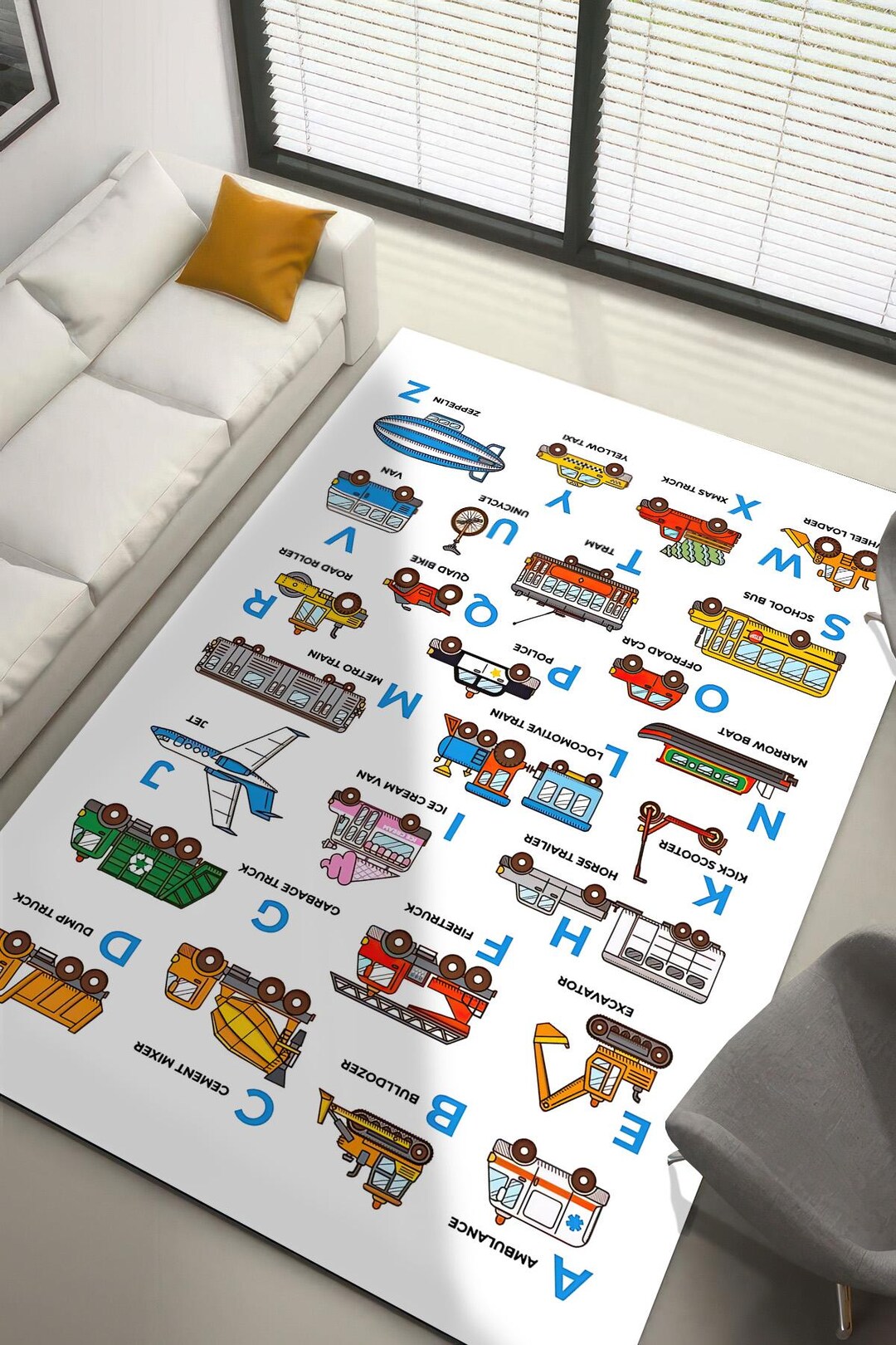 Transportation Rug Alphabet Transportation Rug for Kids, Educational Vehicle Print Carpet ...