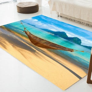 Tropical Scenery Rugs, Hammock Chill Rug, Sea View Rug, Coastal Rug, Small Rug, Chenille Rug, Gift Rug, Custom Rug, Gift For Him, Entry Rug,