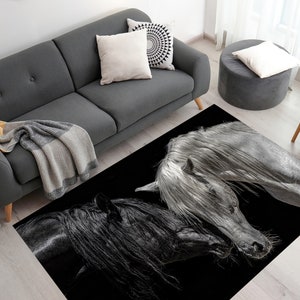 Black And White Horse Rugs, Horse Rug, Horse Lover Gift Rug, Animal Rug, Popular Rug, Cool Rug, Corridor Rug, Kitchen Rug, Custom Rug,