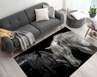 Black And White Horse Rugs, Horse Rug, Horse Lover Gift Rug, Animal Rug, Popular Rug, Cool Rug, Corridor Rug, Kitchen Rug, Custom Rug,