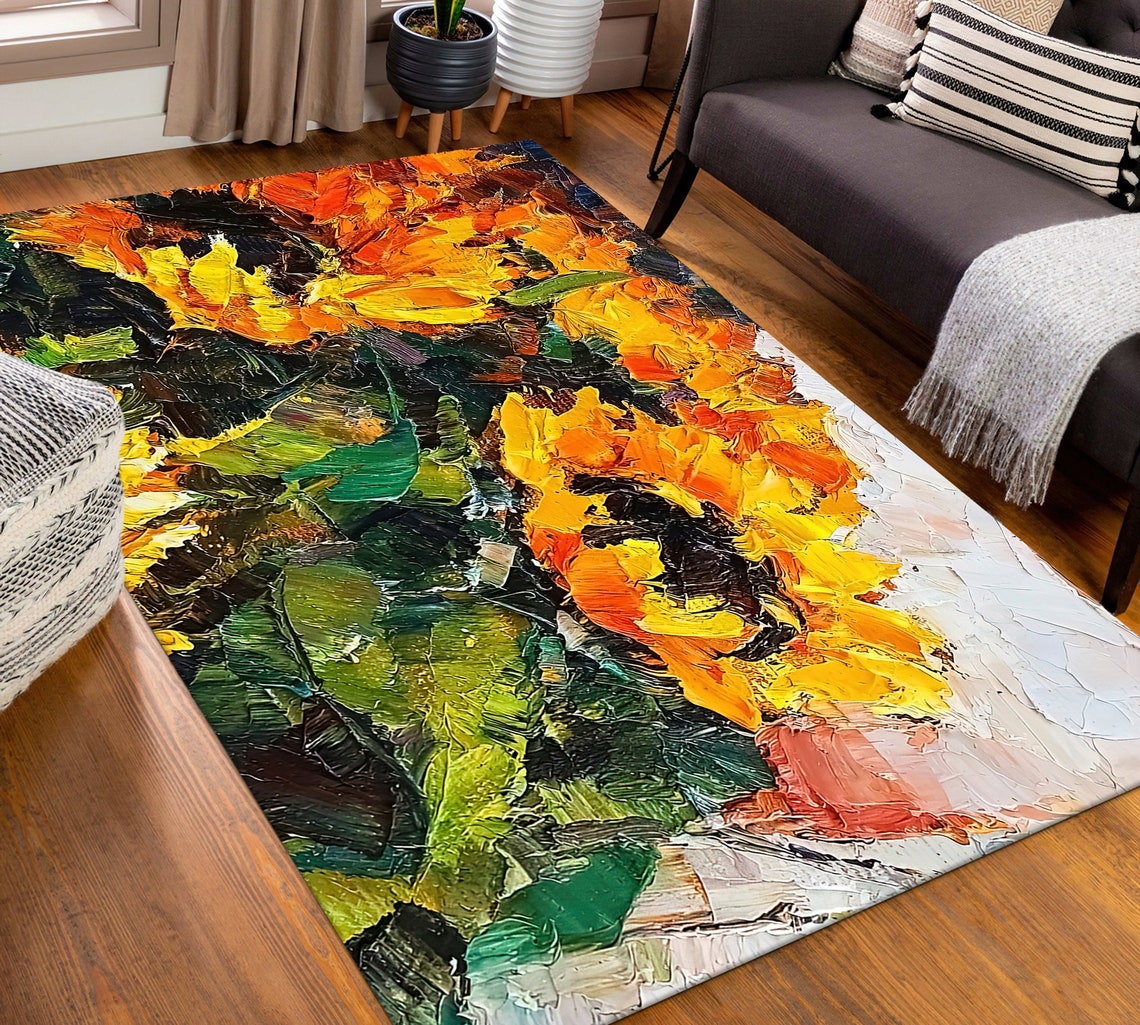 Oil Rug Bouquet of Sunflower Rug, Oil Rug, Contemporary Rug, Botanical Rugs ...