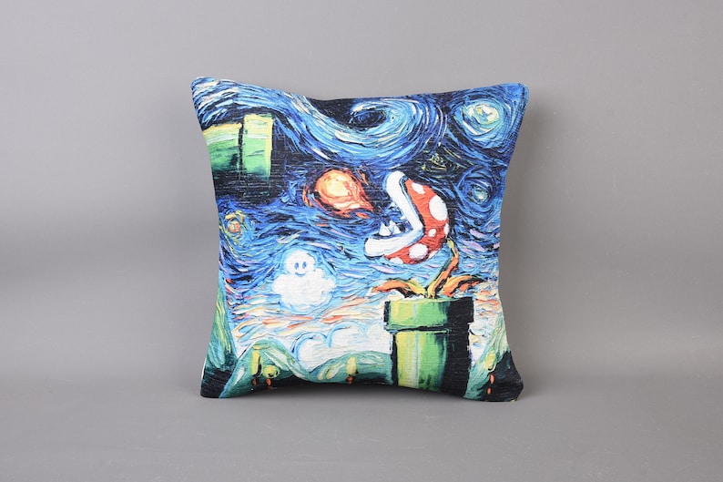 May include: A blue, green, and red throw pillow with a pixelated image of a plant from the Super Mario Bros. video game. The image is in the style of Vincent van Gogh's Starry Night.