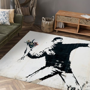 Banksy Throwing Flowers Rug, Anarchy Graffiti Rugs, Flower Molotov Rugs, Abstract Rug, Home Decor Rug, Saloon Rug, Anti-Slip Carpet,