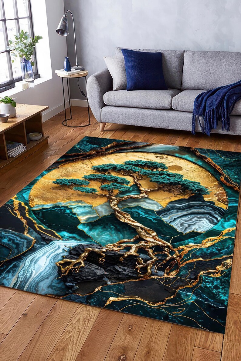 Geode Rug Design Teal and Gold Geode Rug, Abstract Crystal Pattern, Modern Floor Mat - Etsy