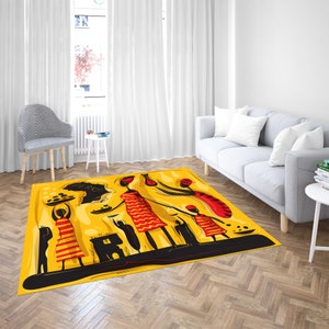 African Family Rugs, Black Woman Rugs, Abstract Woman Rug, Abstract Rug, Yellow Rug, Non-Slip Carpet, Wedding Rug, Bedroom Rug, Black Rug,