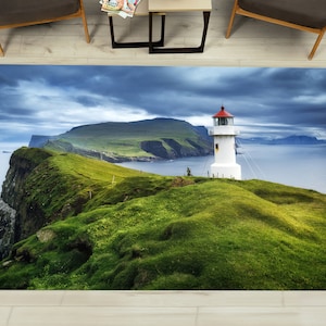 Mykines Lighthouse Faroe Islands Rug, Sea View Rugs, Faroe Islands Rug, Green Rugs, Outdoor Rug, Classic Rug, Blue Rug, Chenille Rug,