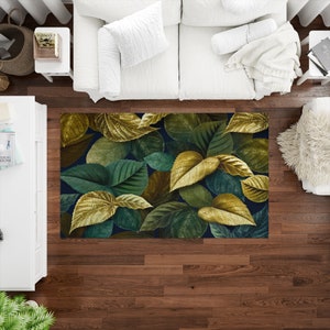 Emerald Green With Golden Leaf Rugs, Leaves Rug, Green Rug, Floral Rugs, Salon Rug, Living Room Rug, Runner Rug, Accent Rug, Popular Rug,