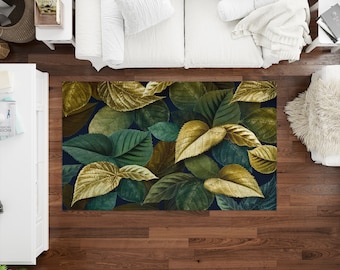 Emerald Green With Golden Leaf Rugs, Leaves Rug, Green Rug, Floral Rugs, Salon Rug, Living Room Rug, Runner Rug, Accent Rug, Popular Rug,