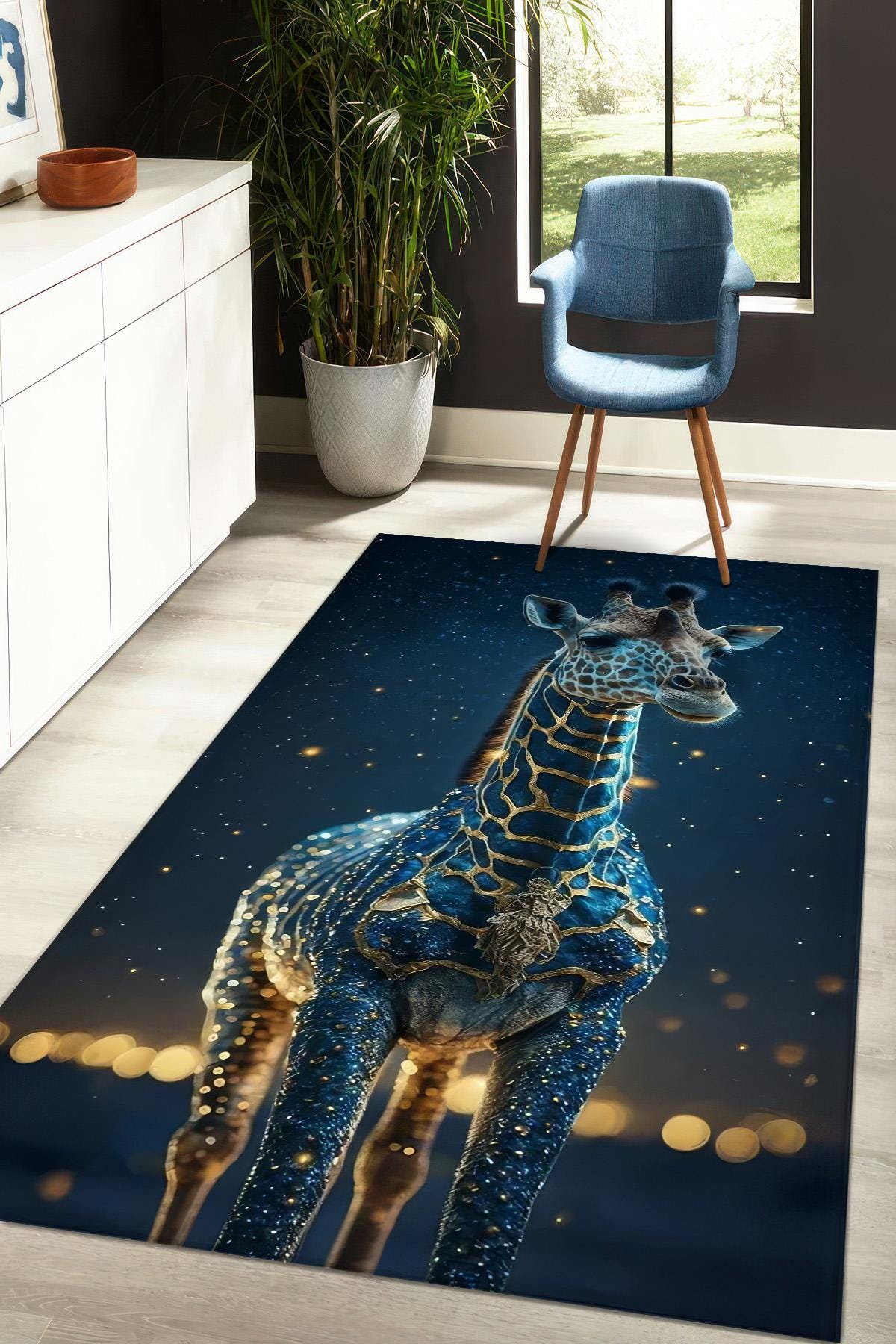 Digital Giraffe Print Rug, Starry Night Animal Carpet for Living
