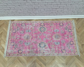 Alfombra con diseño étnico, alfombra de diseño vintage, alfombra estampada rosa, alfombra de estilo antiguo, fácil de limpiar, alfombras Oushak, alfombra lavable a máquina,