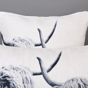 May include: Two white throw pillows featuring a black and white image of a Highland cow with long horns.