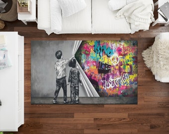 Banksy Behind the Curtain Rugs, Man Cave Rugs, Trendy Rugs, Painting Rugs, Bath Rug, Customs Rug, Custom Rug, Colorful Rug,