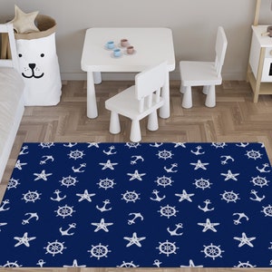 Nautical Compass Sail Anchor Rug, Boy Room Rugs, Navy Blue Rugs, Children Rugs, Accent Rug, Thin Rug, Housewarming Gift, Area Rug,