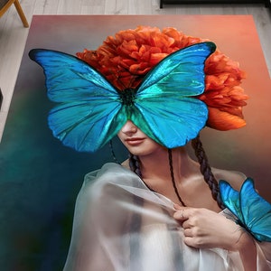 Woman Rug, Butterfly Rug, Floral Rug, Surreal Portrait Rug, Modern Rug, Customs Rug, Anti-Slip Carpet, Thick Rug, Living Room Rug, Cool Rug