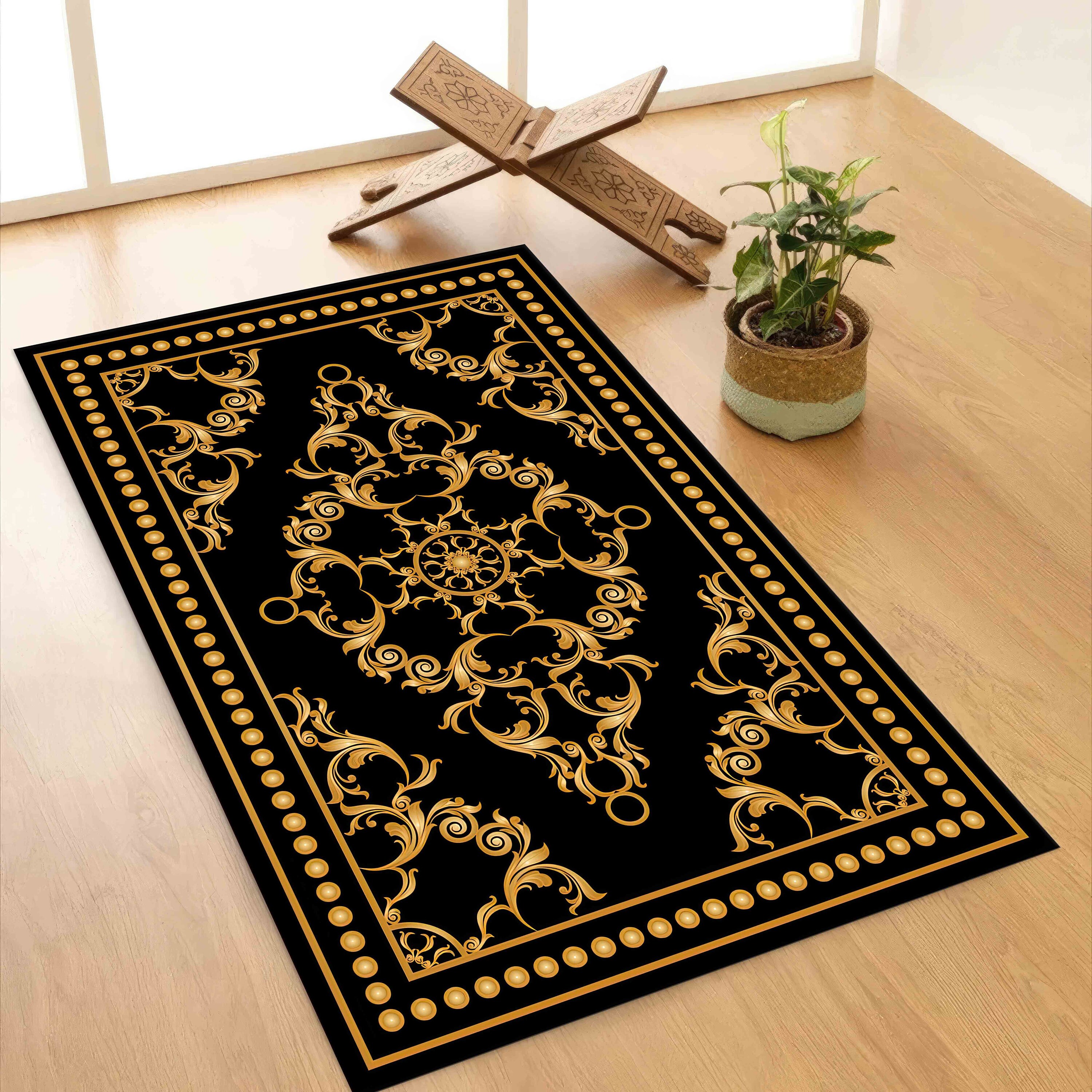 Round Islamic Rug Gold and Black Prayer Rugs, Gold Prayer, Worship Rug, Muslim ...