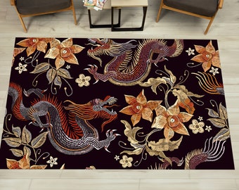 May include: A black rug with a repeating pattern of embroidered dragons and flowers. The dragons are red, orange, and gray, and the flowers are yellow and orange.