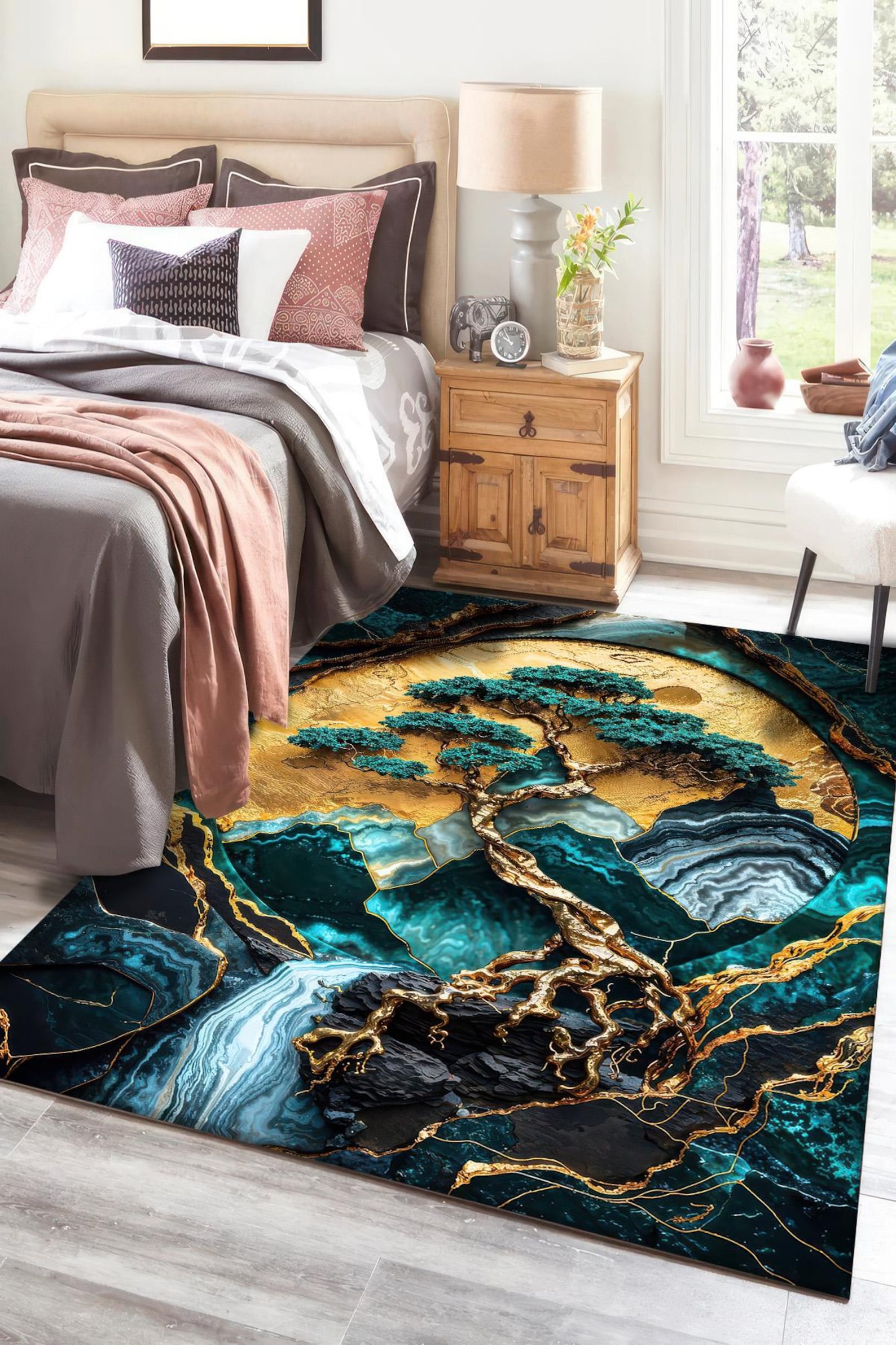 Geode Crystal Rug Teal and Gold Geode Rug, Abstract Crystal Pattern, Modern Floor Mat - Etsy
