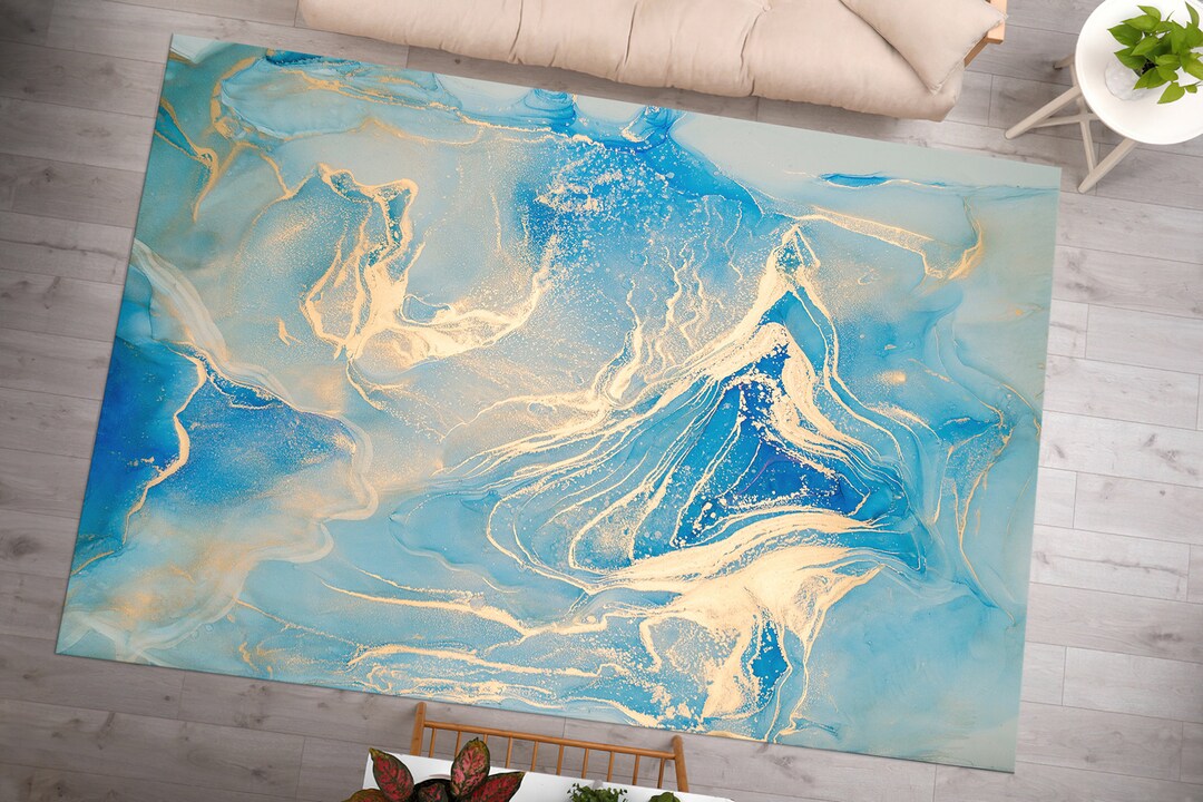 Blue and Gold Marble Rugs, Luxury Marble Rugs, Gold Rugs, Alcohol Ink