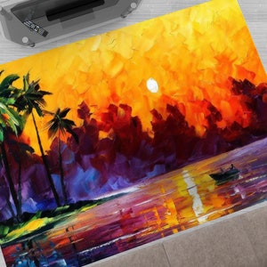 Kleurrijk tropisch landschaptapijt, strandlandschaptapijt, abstracte tapijten, landschapstapijten, huisdiervriendelijk tapijt, zomertapijt, geel tapijt, woondecoratie,