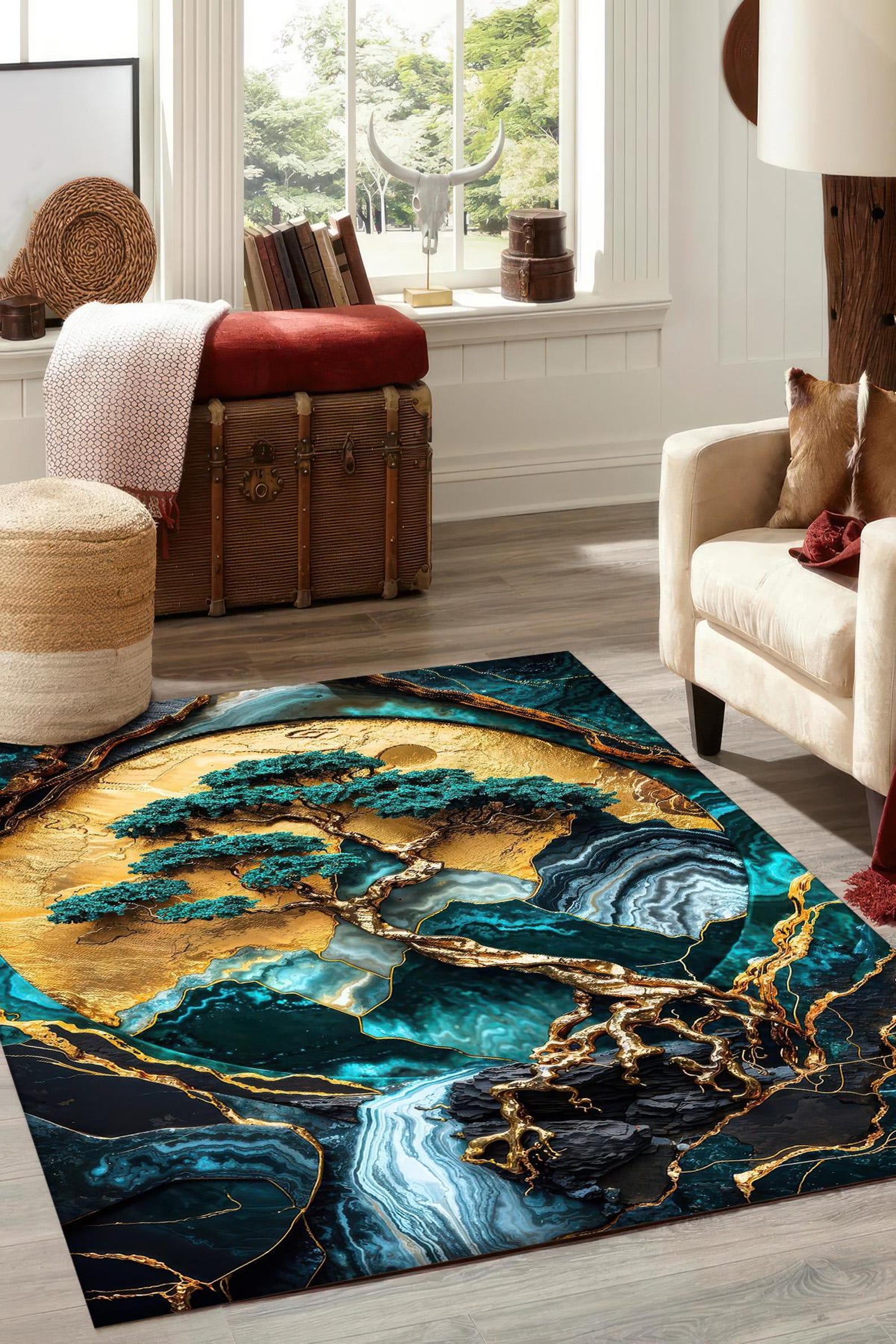 Geode Rug Design Teal and Gold Geode Rug, Abstract Crystal Pattern, Modern Floor Mat - Etsy