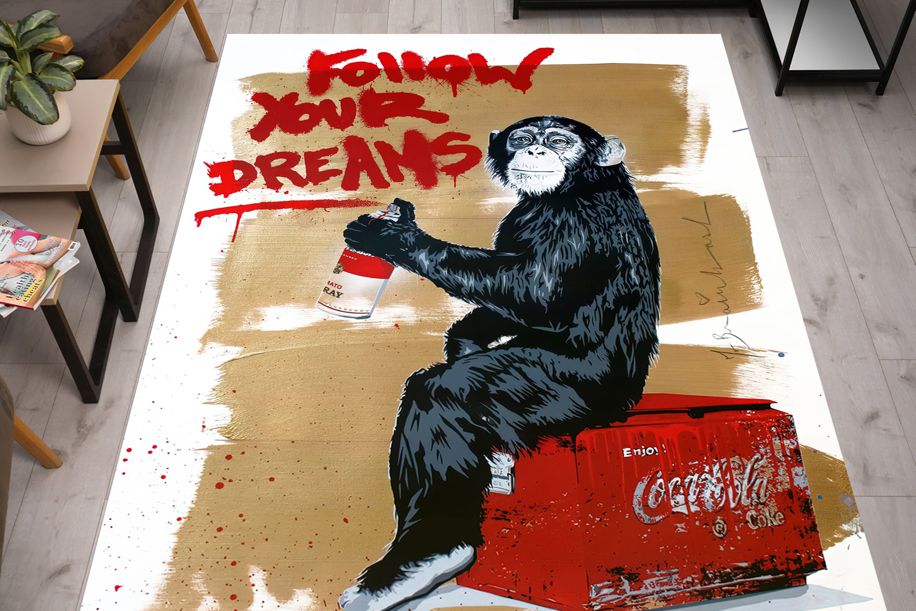Monkey Graffiti Rug, Monkey Rug, Abstract Rug, Salon Decor Rug, Luxury Rug, Banksy Rug, Follow Your Dreams Rug, Loft Rug, Boy Room Rug,