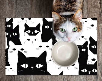 キャットフードマット、洗える滑り止めペットパッド、白黒猫