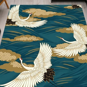 Abstrakte Teppiche, Japanische Kunst Kranich Vögel, Abstrakter Teppich, Zeitgenössischer Teppich, Tierteppich, Chenilleteppich, Maschinenwaschbar, Fußmatte,