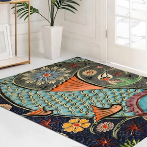 Mosaic Fish Effect Rugs, Fish Rug, Colorful Rugs, Animal Rug, Personalized Rug, Thin Rug, Step Rug, Stair Rug, Corridor Rug, Luxury Rug,