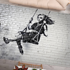 Banksy Girl On Swing Rugs, Swing Girl Rugs, Banksy Girl Rugs, Graffiti Rugs, Machine Washable Rug, Hallway Rug, Girl Room Rug, Gray Rug,