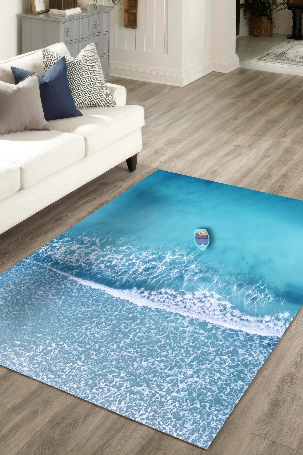 オーシャンビーチサーフラグ、海岸の空撮海景フロアマット、バスルーム