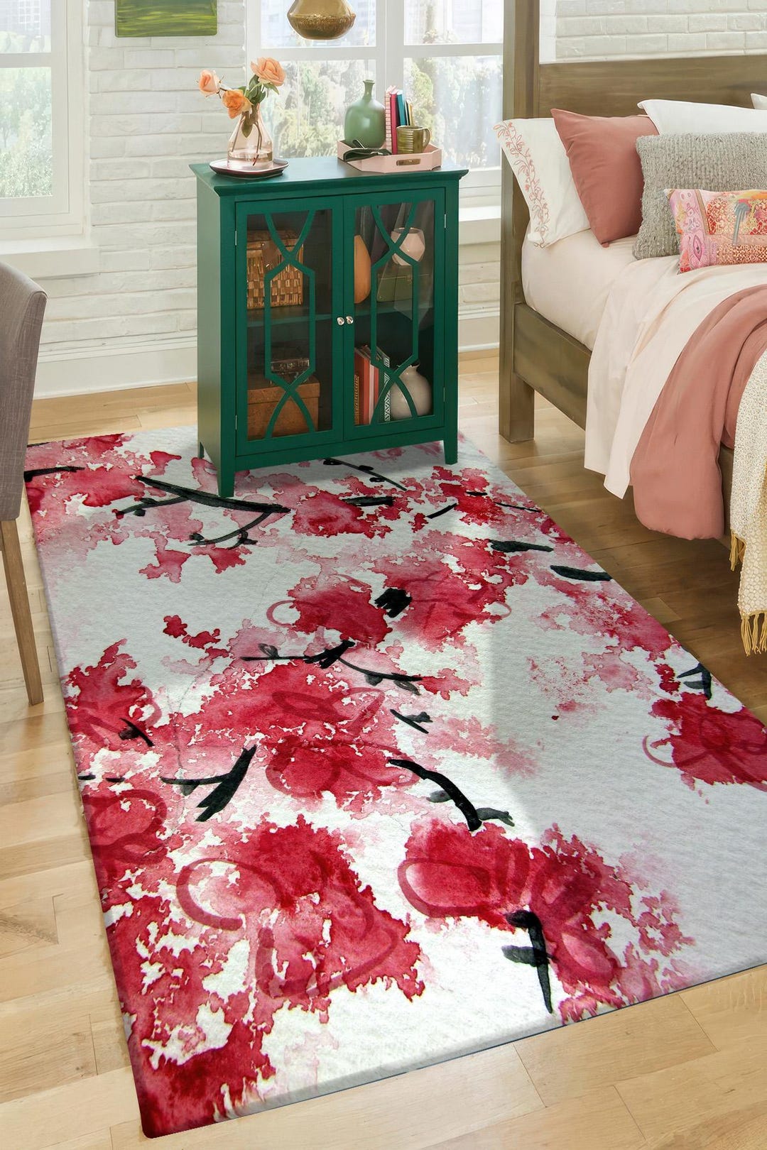 Sakura Rug Cherry Blossom Outdoor Rug, Red Floral Patio Carpet, Japanese Sakura ...