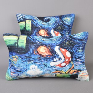 May include: Two blue and green throw pillows with a Starry Night-style print featuring a video game character. The pillows are made of a soft, comfortable fabric and are perfect for adding a touch of whimsy to any room.