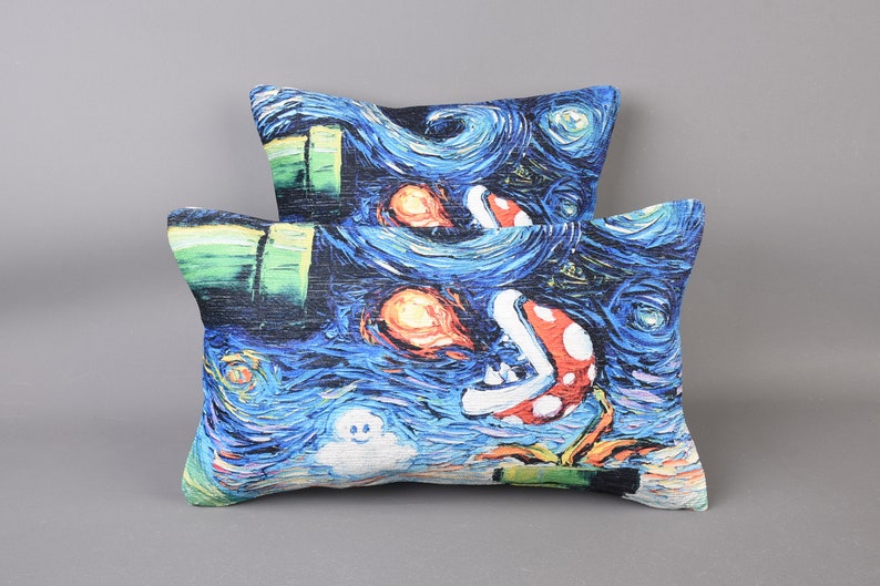 May include: Two blue and green throw pillows with a Starry Night-style print featuring a video game character. The pillows are made of a soft, comfortable fabric and are perfect for adding a touch of whimsy to any room.