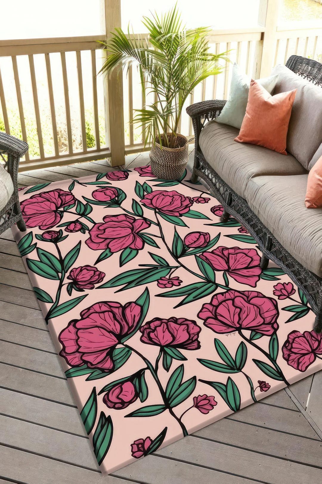 Floral Peony Rug, Pink Botanical Print Carpet for Living Room, Bold ...