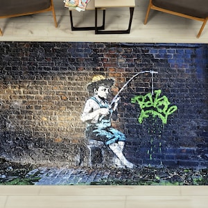 Banksy Fishing Boy Rug, Boy Graffti Rug, Fishing Banksy Rug, Painting Rug, Popular Rug, Round Rug, Colorful Rug, Stair Step Rug, Runner Rug,