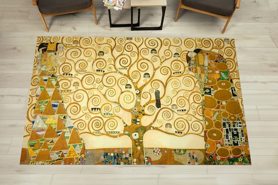 Klimt The Tree Of Life Rug, Tree Life Rugs, Gustav Klimt Rug, Reproduction Rugs, Chenille Rug, Hallway Rug, Entry Rug, Cool Rug, Yellow Rug,